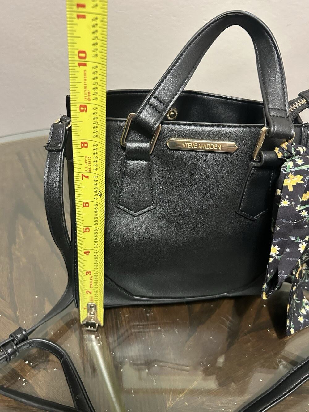 Steve Madden Black Satchel with Floral Scarf and Zipper Accents for Women